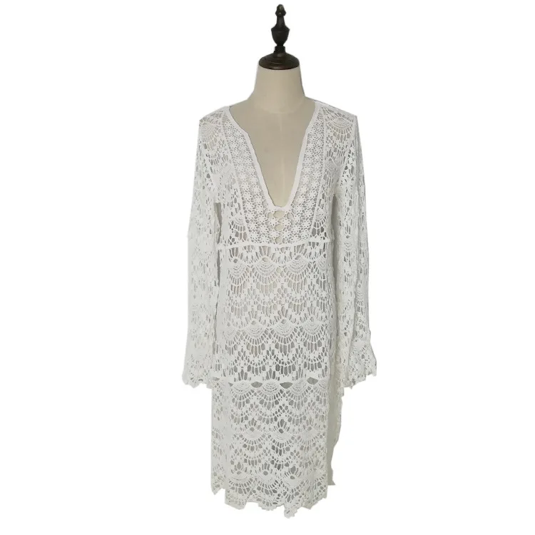 

Women Knitted Hollow Lace Beach Cover Up Blouse Beachwear For Bikini Mesh Transparent Summer Swimsuit Beachwear Dress Cover-Ups