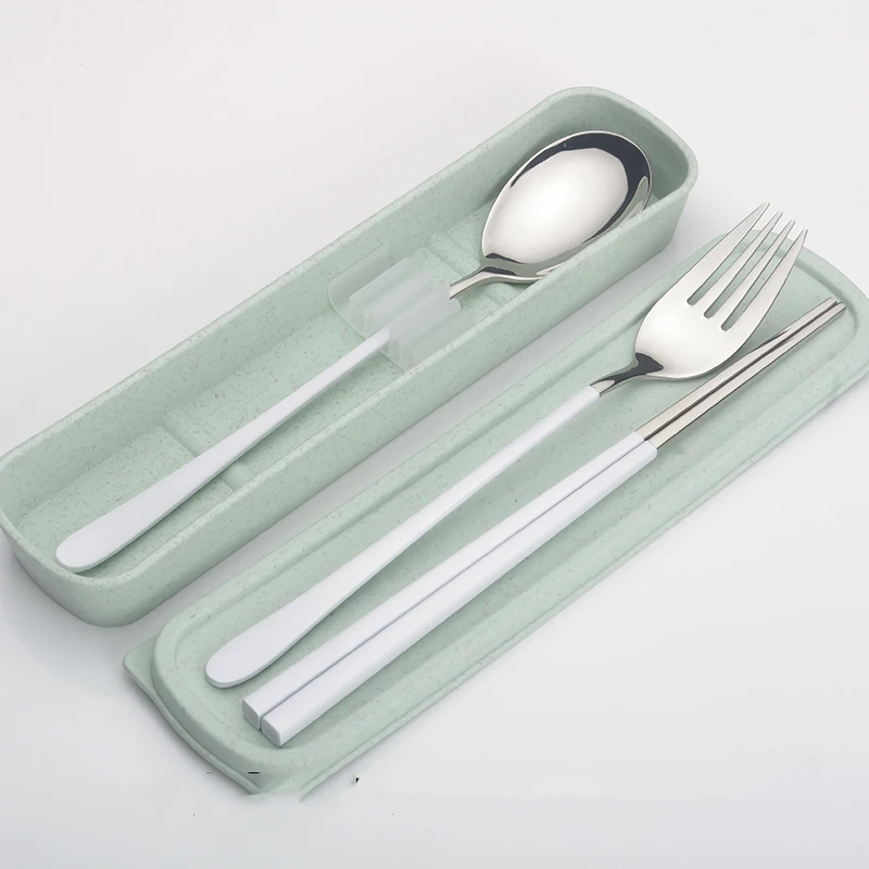 white green GIEMZA металлическая вилка из нержавеющей стали длинные для ложки и палочек Китайские Пищевые Инструменты обеденный набор черный белый набор столовых приборов экокоробка - Цвет: white green
