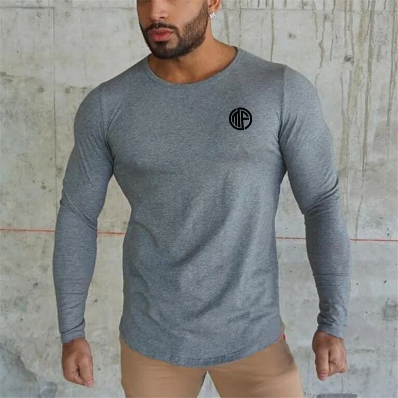 New 2021 Autumn Fashion Men's T Shirt Casual Sportswear Long Sleeve Mens Gyms Clothing Curved hem Fitness Slim Fit Tees | Мужская