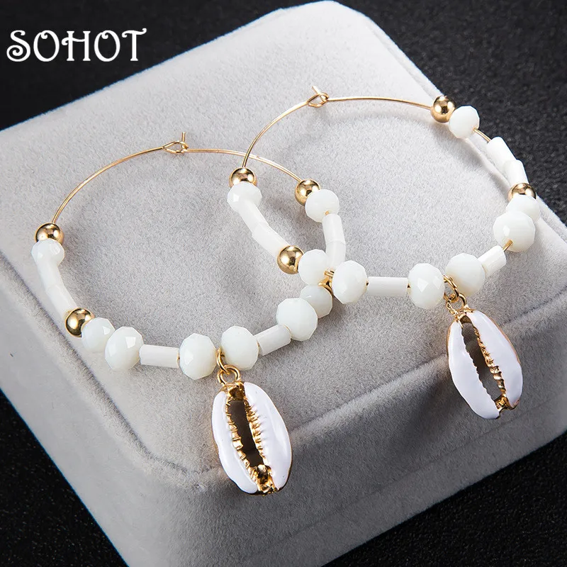 SOHOT Boho Стиль большой круг белый акриловый бисер сплав кулон ракушка женские