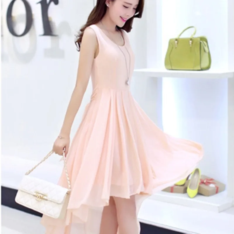 pink Асимметричное однотонное пляжное летнее платье без рукавов Vestidos женское асимметричное шифоновое платье с высокой талией xh151 - Цвет: pink