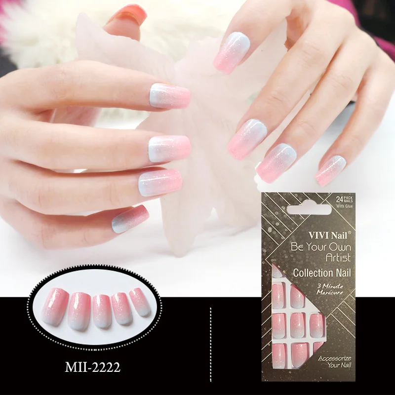 Блестящие градиентные накладные ногти 24 шт. искусственные розовый синий полное