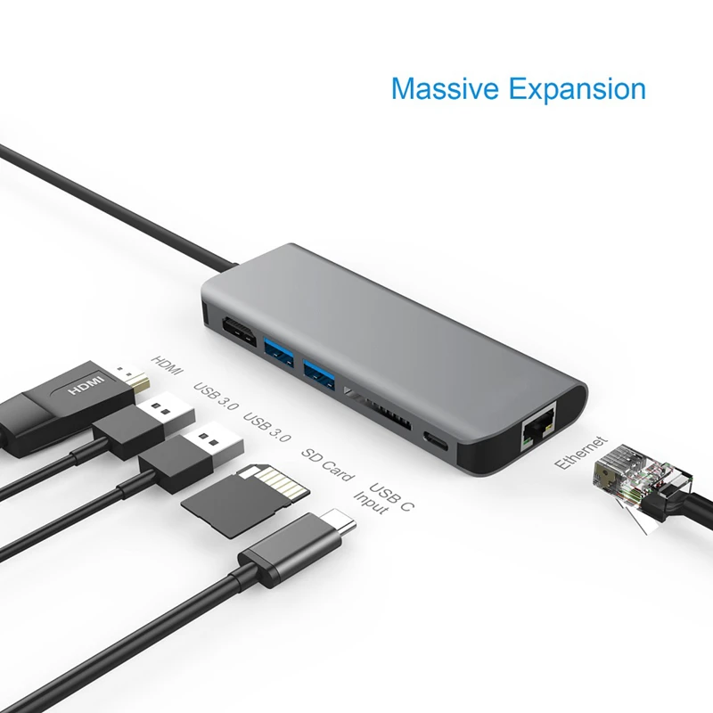 Amkle HDMI адаптер RJ45 Gigabit Ethernet USB C концентратор к type c с картой чтения USB3.0 PD Зарядка для