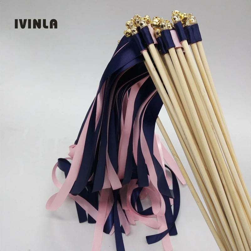 

Hot selling 50pcs/lot navy and pink wedding ribbon wands with gold bell ribbon Twirling Streamers wedding ribbon stick