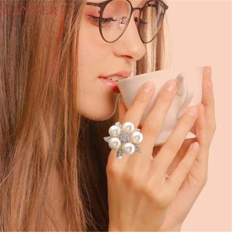 Серебряное кольцо с кристаллами и жемчугом для женщин стразы цветок в форме