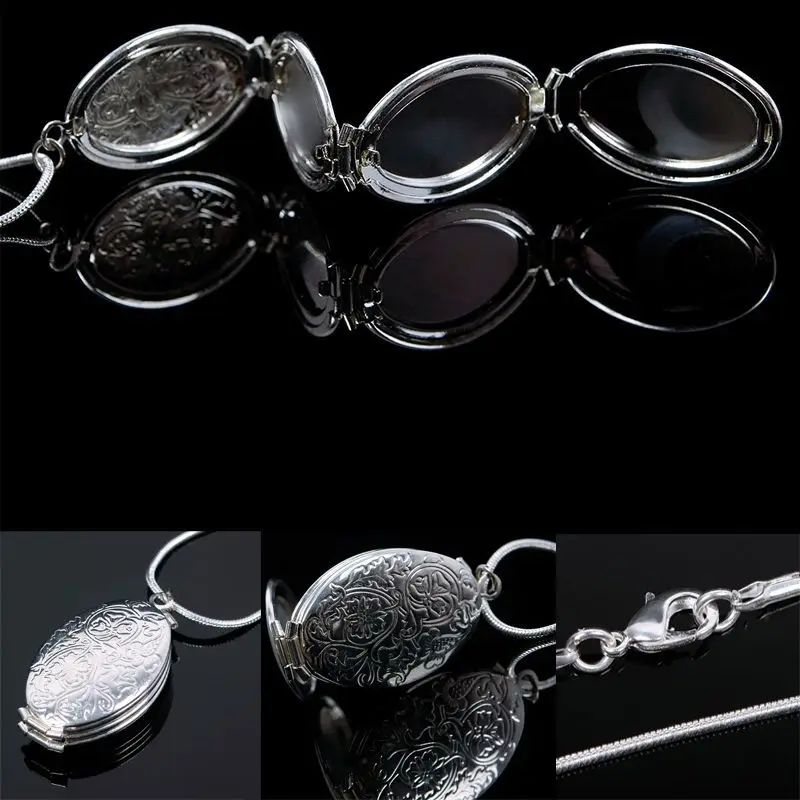 Старинный посеребренный цветок Выгравированный Овальный кулон с фото Шарм