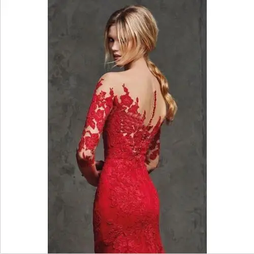 Новый Элегантный 3/4 Рукава Свадебные Платья Красные Кружевные Русалка