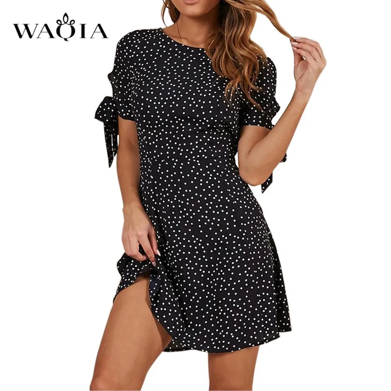 WAQIA 2019 женское летнее платье в богемном стиле шифоновое пляжное горошек туника
