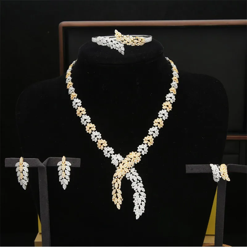 Большой Роскошный Золотой/Серебряный 4 шт. нигерийское Ожерелье Ювелирные наборы для женщин свадебный Циркон Кристалл CZ индийский Африканский Свадебный комплект ювелирных изделий