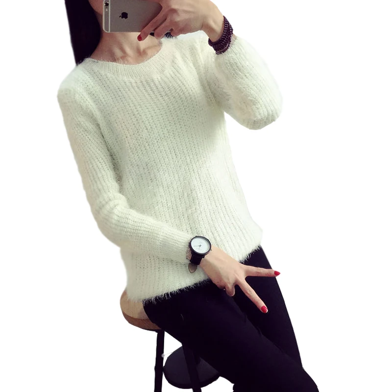 Женский мохеровый пуловер с круглым вырезом длинным рукавом | Женская одежда