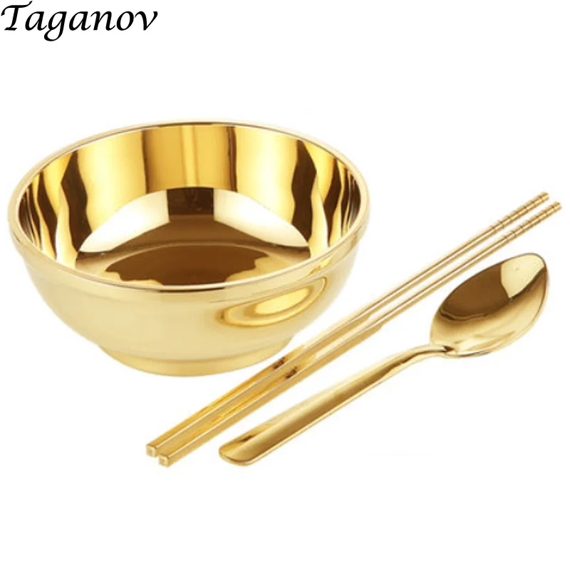 

6.5 inch 3-piece set chopsticks bowl spoo n Dinnerware Set copper cutlery gold set porridge rice noodles dinner set china gifts