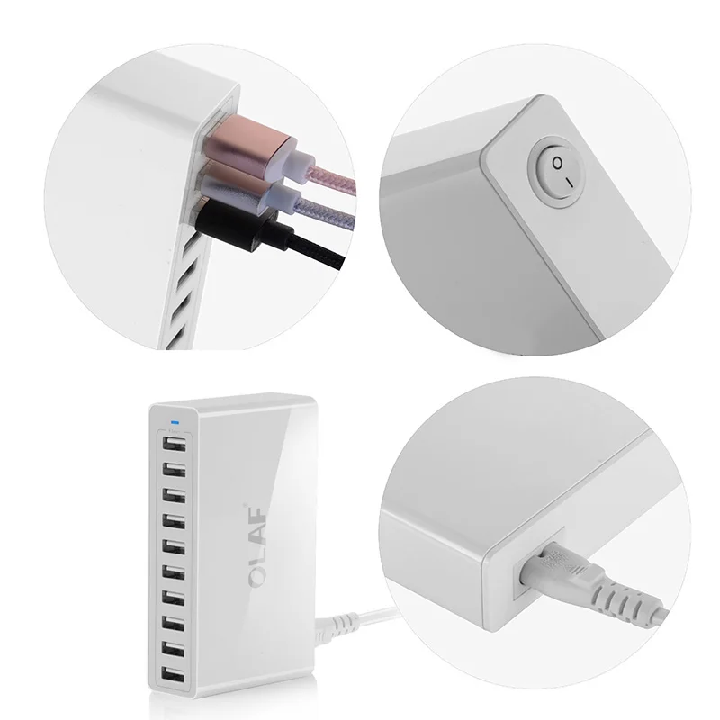 Универсальное интеллектуальное зарядное устройство Olaf с 10 портами, AC USB, 50 Вт, 10 А, настенное зарядное устройство для мобильного телефона, планшета, путешествий, многопортовое домашнее зарядное устройство USB
