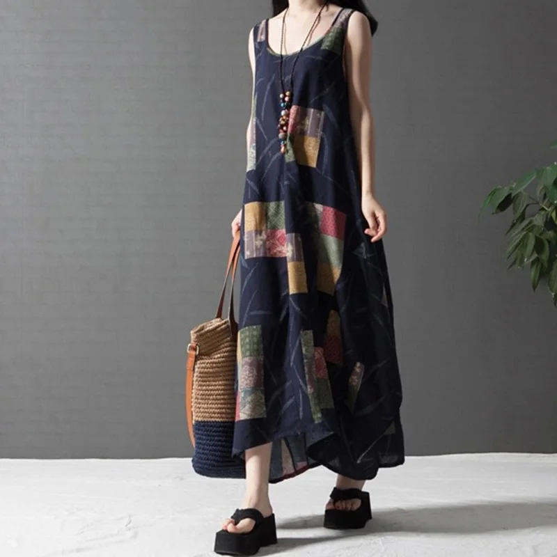 Женское льняное платье макси без рукавов вечерние тажное свободное праздничное