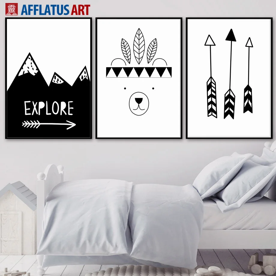 AFFLATUS Explore ore Bear Arrow настенная живопись на холсте Черно-белые плакаты и принты настенные картины в скандинавском стиле детские украшения