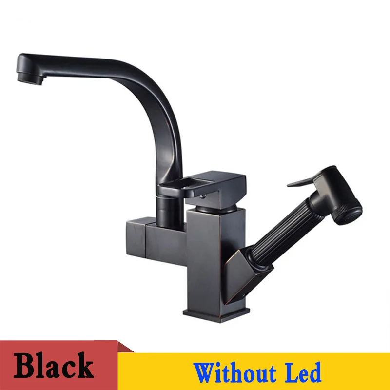 ORB Black no led POIQIHY Chorme вытяжные Кухонные смесители с двойным носиком, кухонные смесители на бортике, опрыскиватель для душа, кухонные краны, смеситель для горячей и холодной воды - Цвет: ORB Black no led