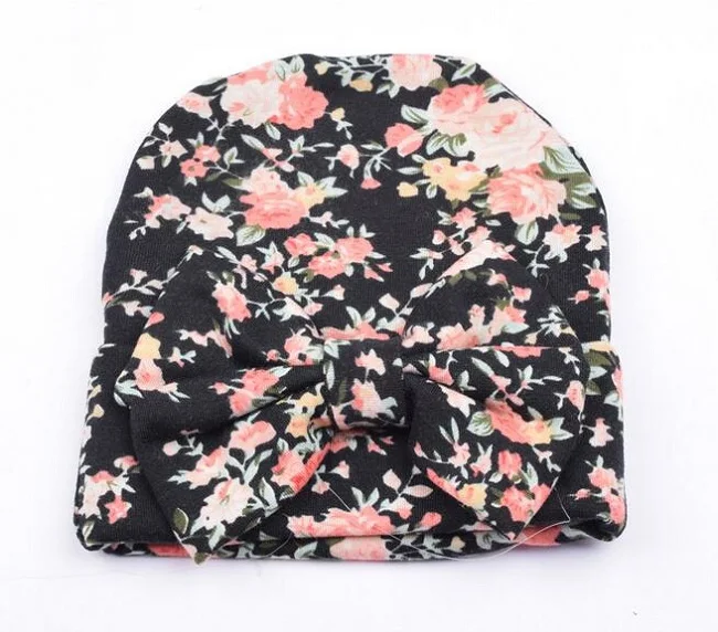 black baby hat Шапка для новорожденного ребенка с цветочным узором и бантом; детская шапка для маленьких девочек; осенние шапки для больниц; мягкая хлопковая вязаная шапка для новорожденных; реквизит для фотосессии - Цвет: black baby hat