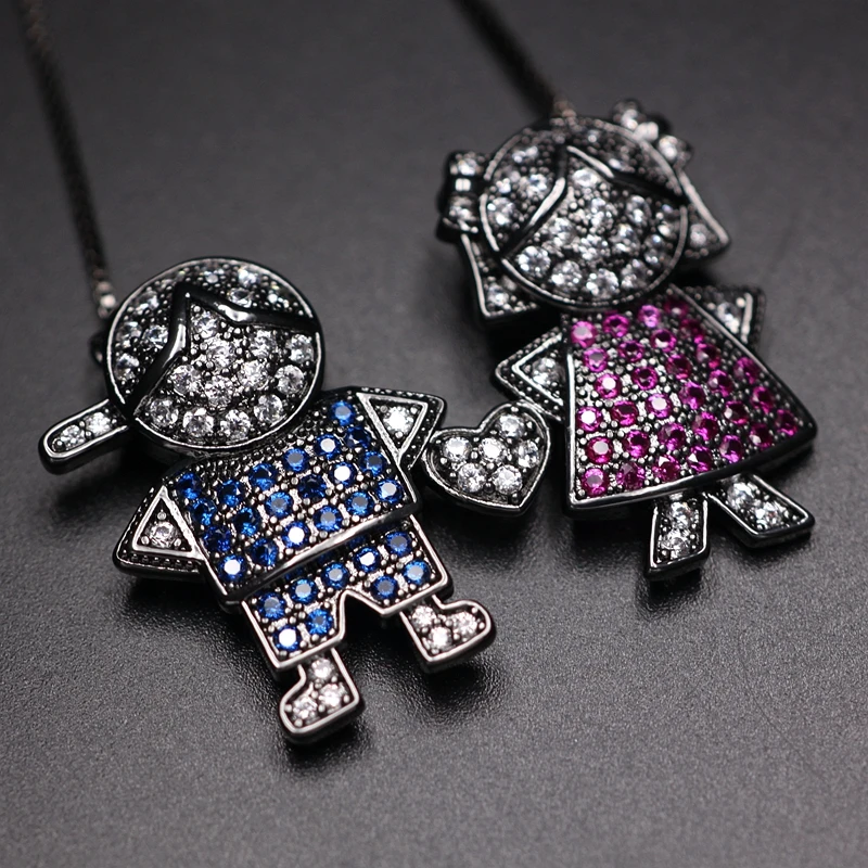 Colorful Lovely Boy Girl heart Big Pendant Necklace Full Pave high quality Multicolor Cubic zirconia blue women fashion Jewelry | Украшения