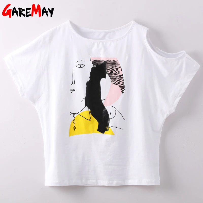 GAREMAY Summer T Shirt Women Funny Casual Print Tee Femme Sexy Off Shoulder Short Sleeves Slim Top O-Neck Female T-shirt | Женская