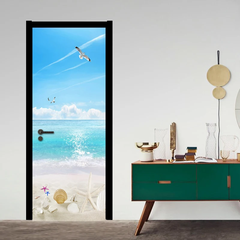 

Blue Sky White Clouds Beach Seascape 3D DIY Door Sticker PVC Mural Wallpaper Modern 3D Room Door Poster Sticker Mural Home Decor