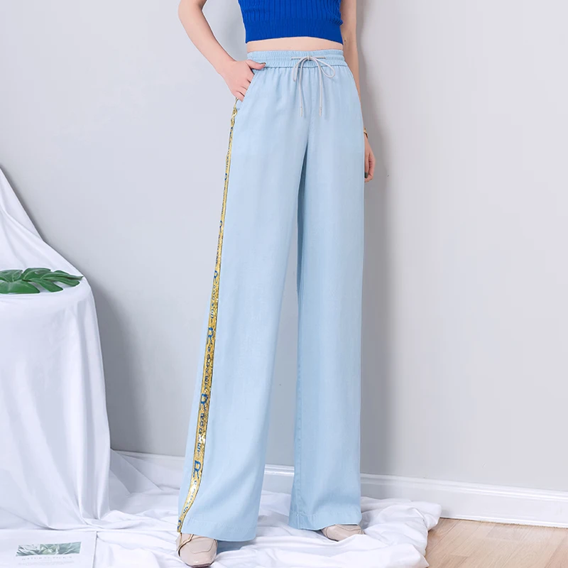 Women Tencel Wide Leg Pants 2019 Summer High Waist Lace Up Striped Loose Full Length Sequin Woman Plus Size 5XL Trousers Женская