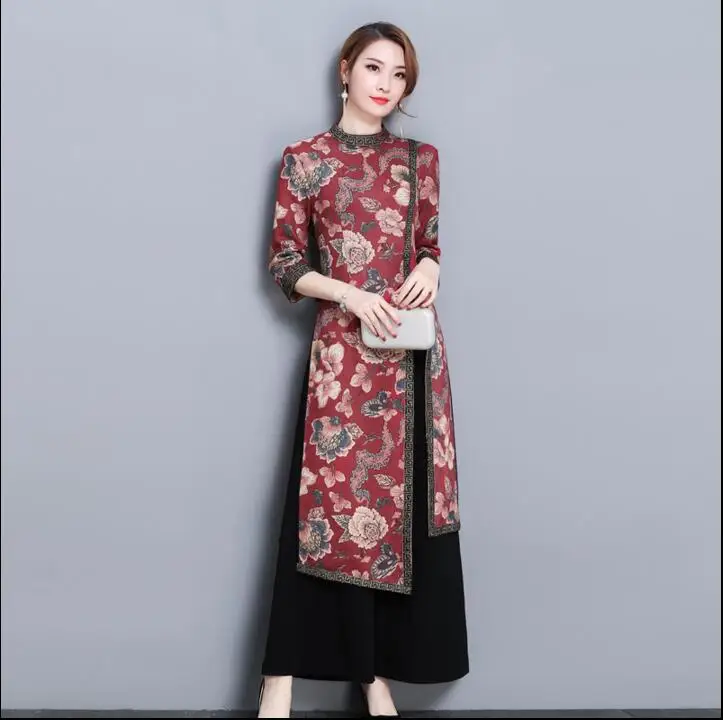 Модные Cheongsam Брюки с широкими штанинами костюм женщина китайское традиционное
