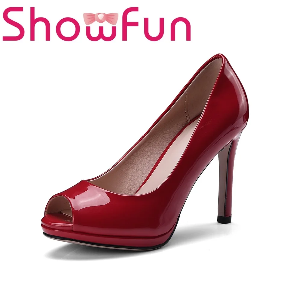 Showfun из натуральной лакированной кожи женская обувь вечерние краткий peep toe slip-on