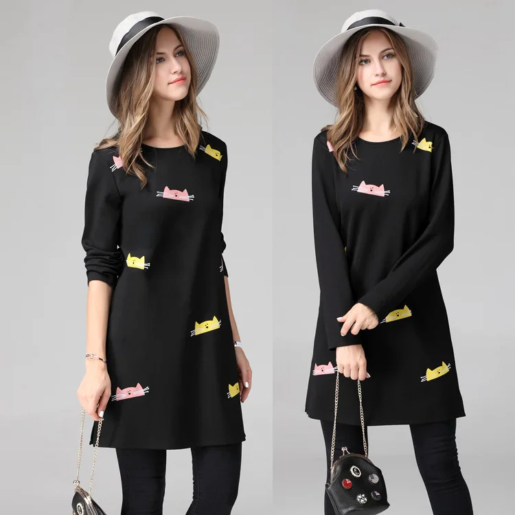 Женское платье с длинным рукавом и рисунком кота осеннее большого размера|dress