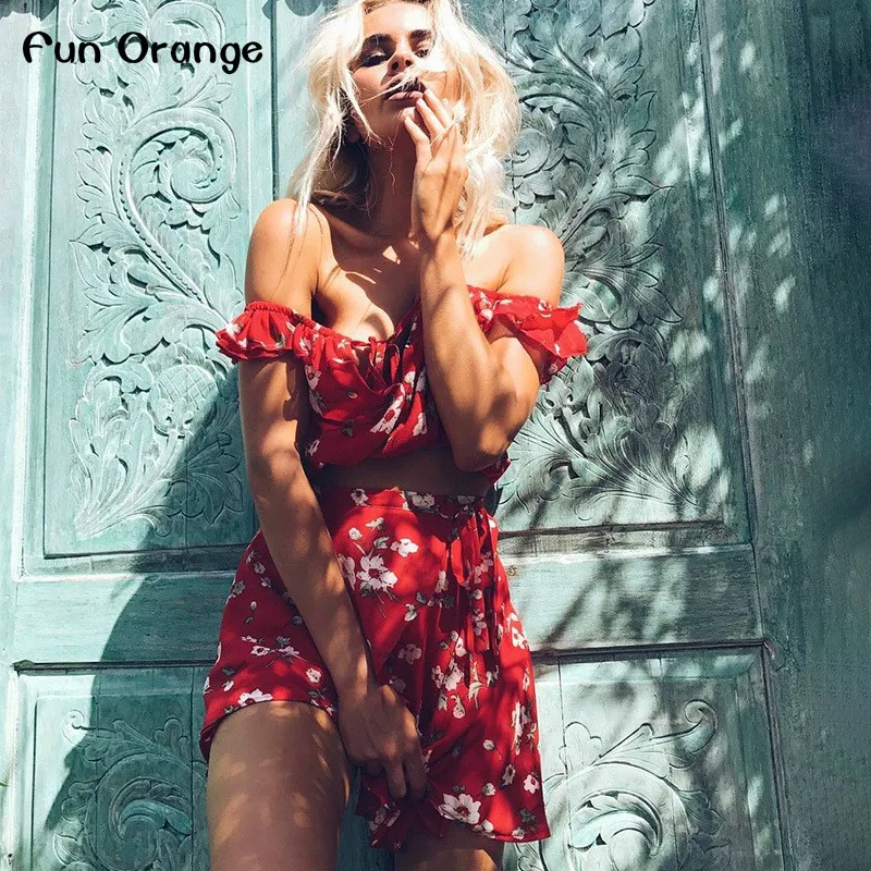 Fun Orange Из Двух частей Красный Шифон Летом Dress Женщины 2017 Vintage Партия Оборками