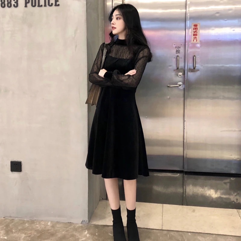 Осеннее платье для женщин серия han новинка 2018 длинное комбинированное газовое с