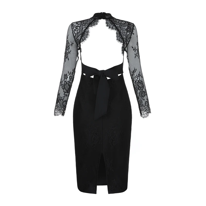 

New Arrival Black Lace Long Sleeve Women Dress High Quality Cut Out Bodycon Midi Spring Evening Party Dresses Vestidos Wholesale