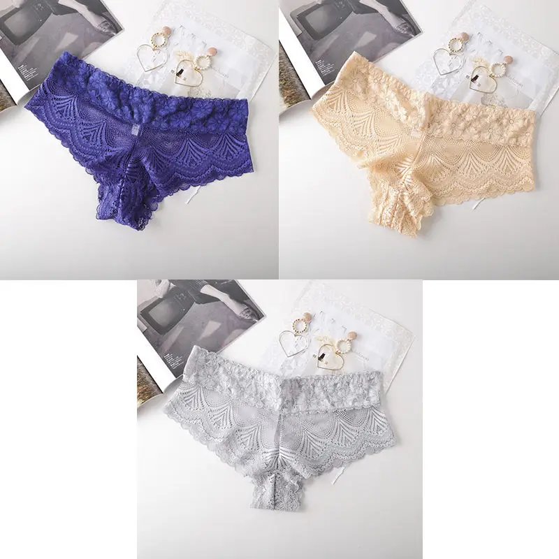 blue nude grey 3 шт., женские трусики, сексуальное кружевное нижнее белье с низкой талией, Женские Дышащие прозрачные брендовые качественные новые женские трусики BANNIROU - Цвет: blue nude grey