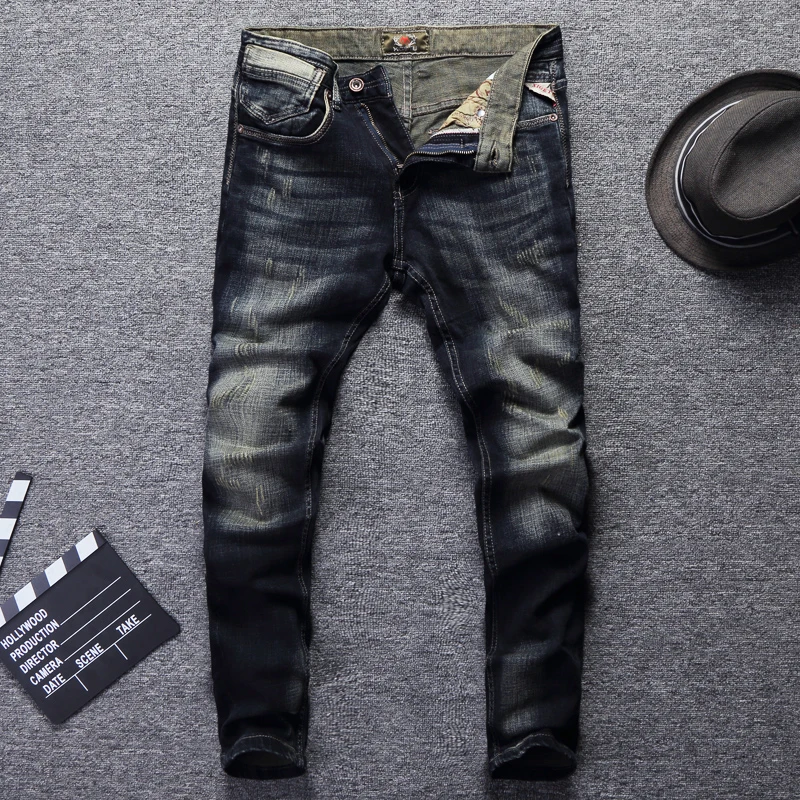 Джинсы мужские в винтажном стиле рваные джинсы Slim Fit ретро брендовые