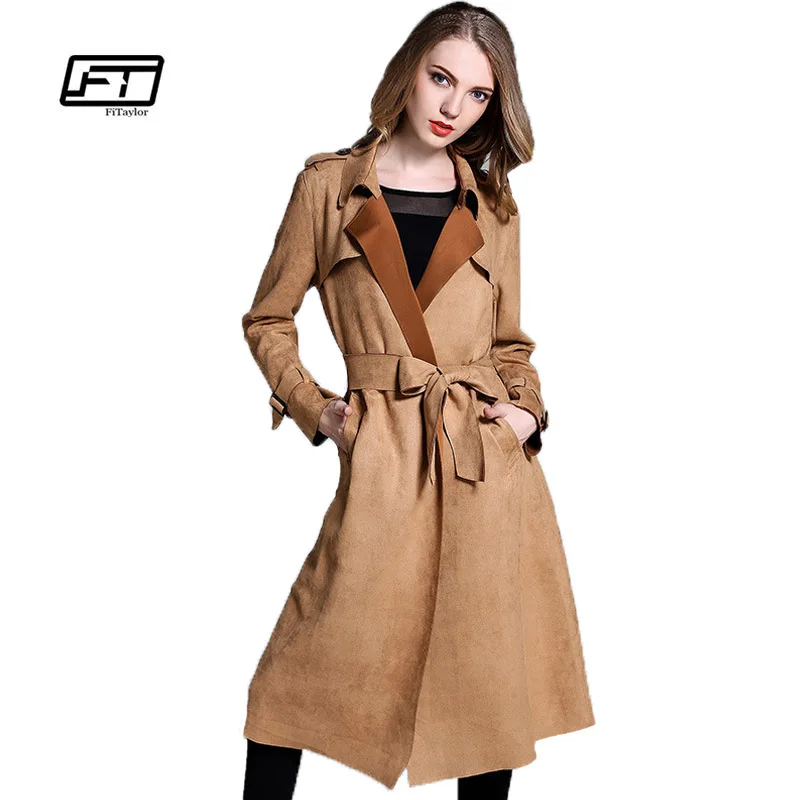 Fitaylor Новая осень Для женщин замшевые Тренч Элегантная мода длинный тонкий ремень