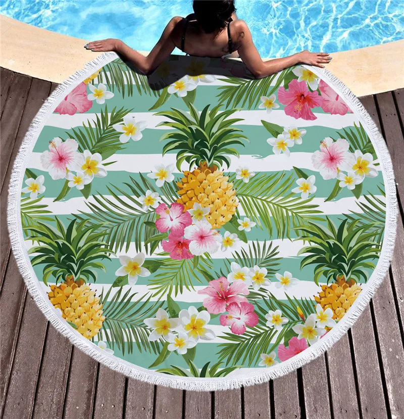 POBING Pineapple Floral Round Beach Towel With Tassels Microfiber 150cm Picnic Blanket Mat Tapestry Serviette De Plage |