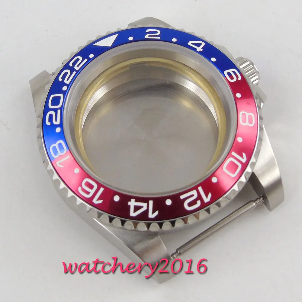 

40mm Sapphire Glass Blue & red bezel Date no magnifier Watch Case fit 2836 miyota 82 movement mens watch