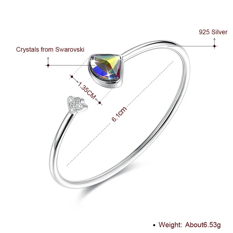 925 Sterling Silver Bangle With Crystal From Swarovski Open Bracelet For Women Adjustable Size Fine Jewelry Wedding Fashion Gift | Украшения