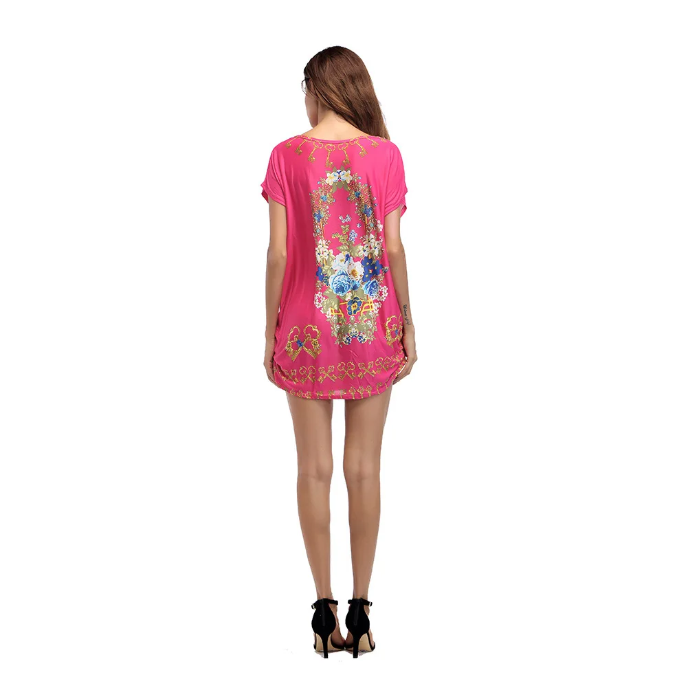 

2019 Floral Print Short-Sleeve Summer T Shirts Women Casual Tops Soft Cute Red Female Kawaii Clothes Long Shirts Tees