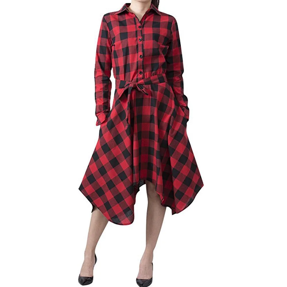 2018 новые осенние Для женщин платье в клетку женские офисные Асимметричная с