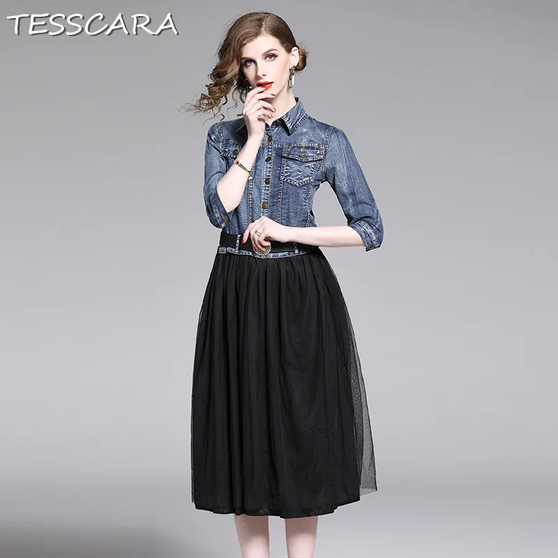 Женское джинсовое платье рубашка TESSCARA длинное повседневное дизайнерское Из