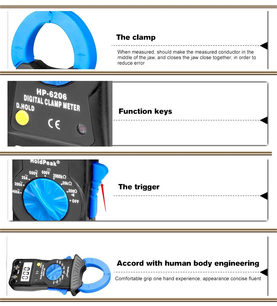 Digital Current Clamp Meter HP-6206 1999 counts Backlight 200A Current AC/DC Voltage Multimeter Voltmeter Ammeter Tester