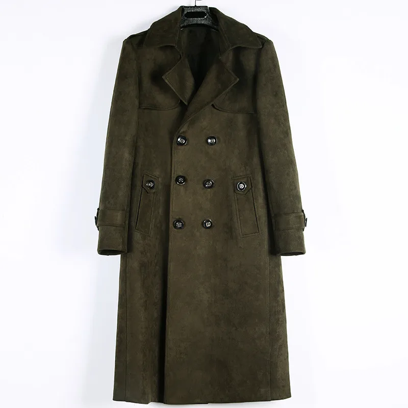 Army green Plus Size Winter Long Jacket Men Suede Windbreaker Mens Black Leather Trench Coat Slim Cloak Male Outerwear Long Coat 5XL 6XL - Цвет: Army green