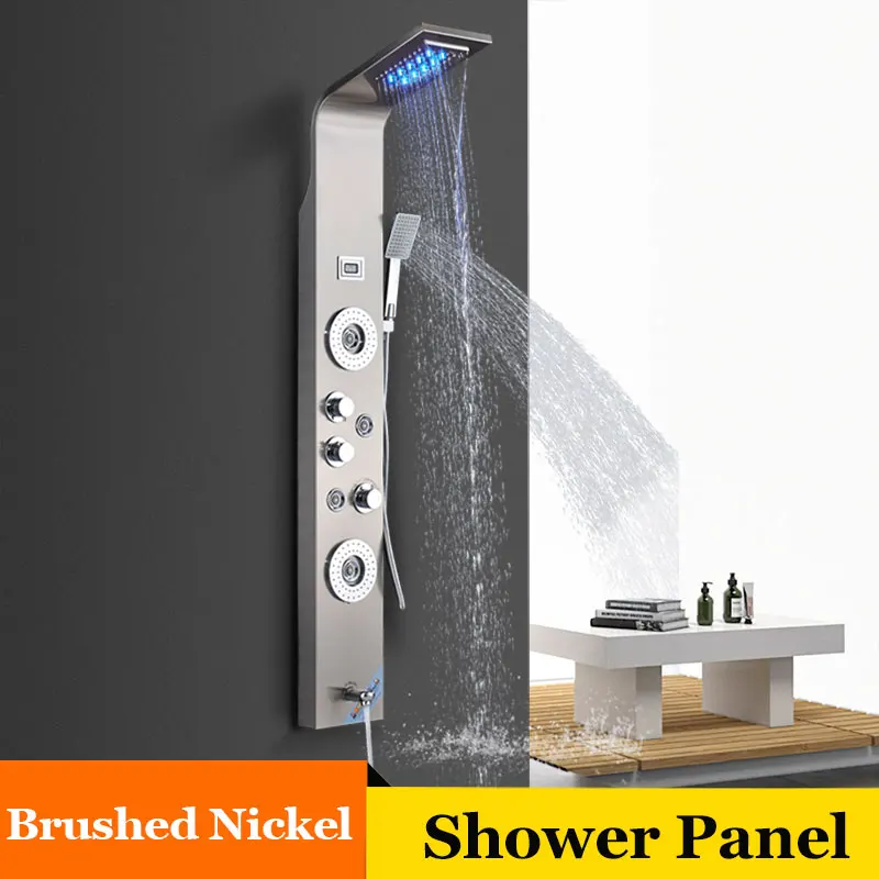 Brushed Nickel ULGKSD черный/матовый смеситель для душа для ванной комнаты светодиодный душевой панельный столбик смеситель для ванной с ручным душевым температурным экраном - Цвет: Brushed Nickel
