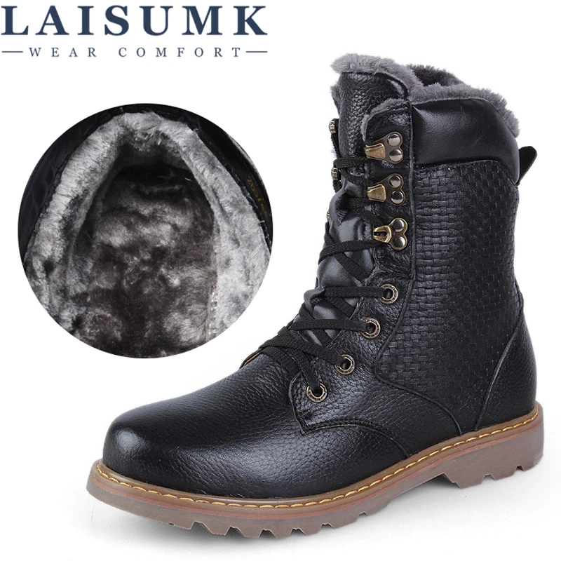 LAISUMK 2020 Warmest Winter Men's Boots Genuine Leather Handmade Men Snow For High Quality Plush Bottes hommes | Обувь