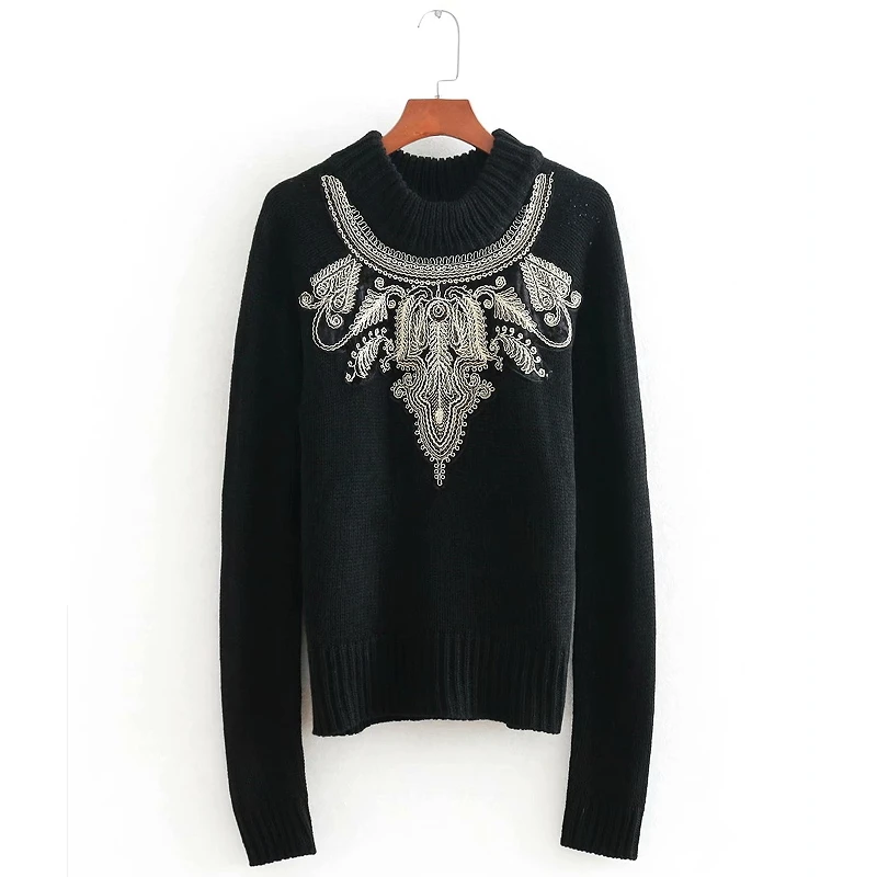 2019 women vintage lace embroidery casual black knitted sweater ladies o neck beading sweaters femme pullovers chic tops S039 | Женская
