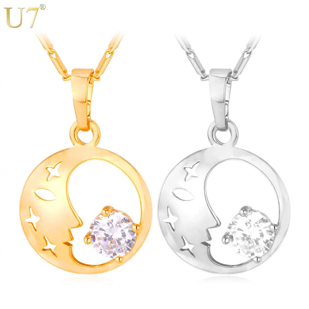 

U7 Moon Necklace Women Jewelry Gold/Silver Color Hollow Star Cubic Zirconia Lucky Round Necklace & Pendant Wholesale P662