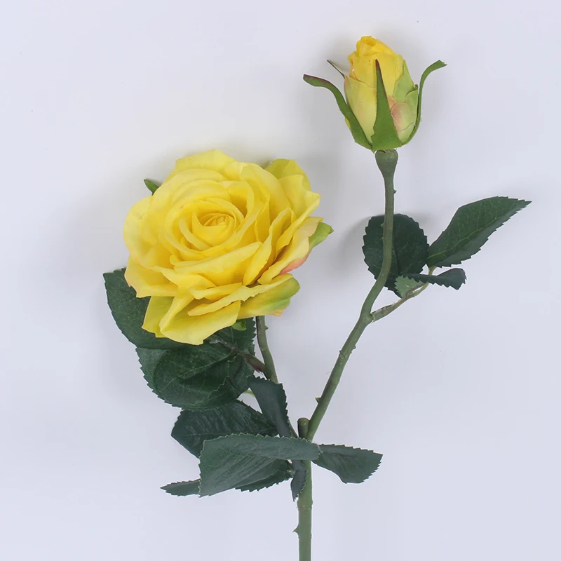 Yellow 5 шт./лот, яркие, настоящие, на ощупь, 2 головки, розовые, цветные, высокое качество, искусственный шелк, цветок для свадьбы, макет, для украшения дома, вечерние - Цвет: Yellow