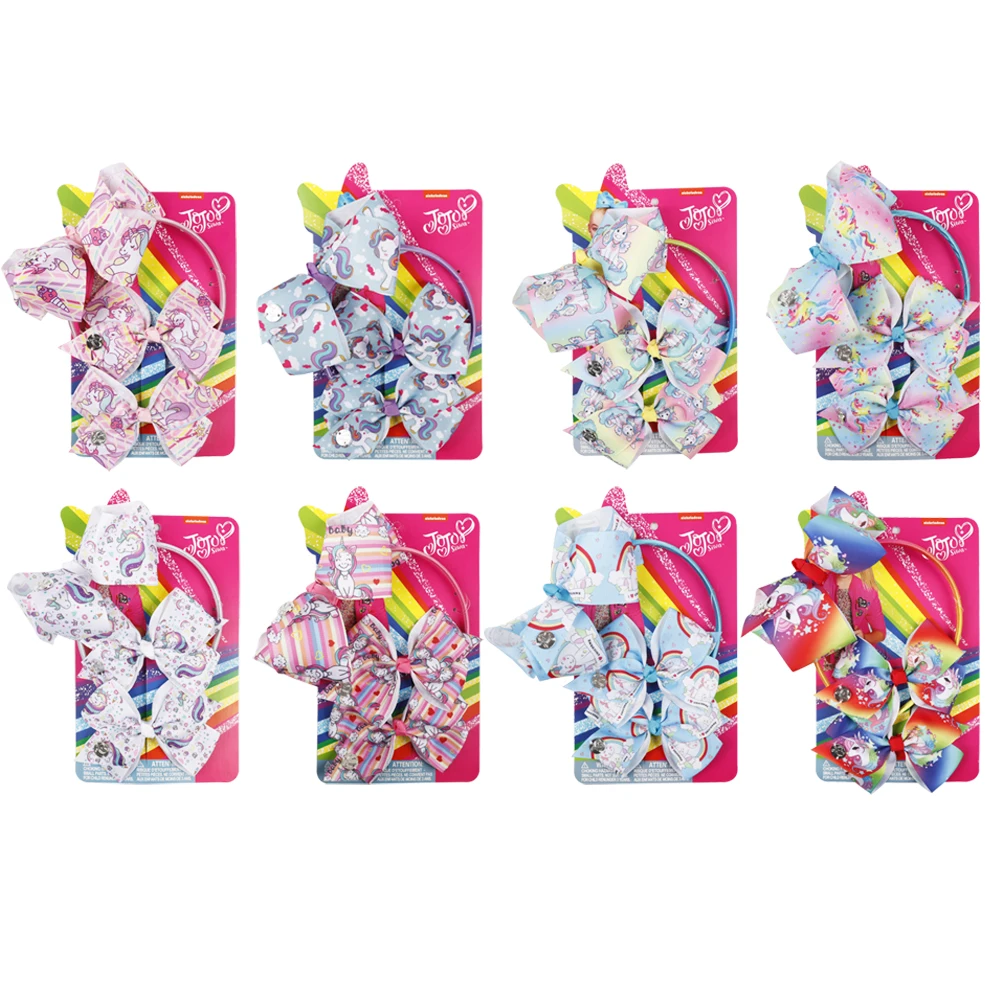 3 шт./компл. 5," Jojo Siwa Единорог JOJO набор бантов лента повязки для волос, аксессуары для волос для девочек бант ручной работы нарисованной длинноволосой девочкой и лентой на голову