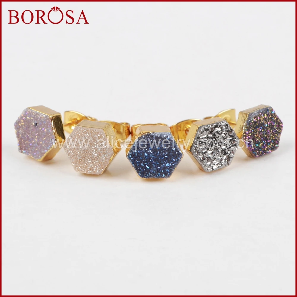 BOROSA друзовидный камень серьги для женщин модный шестигранный золотой цвет друза