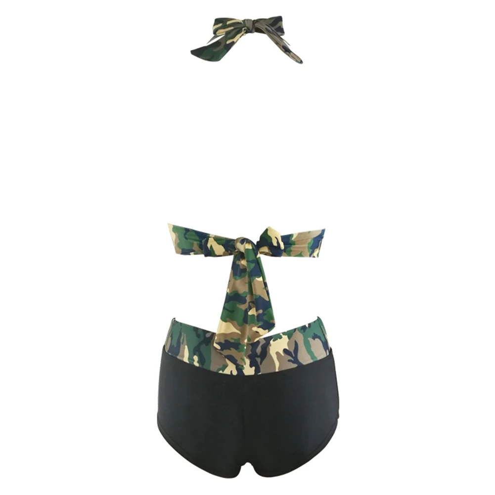 

NEW Women Summer Camo Print Sexy Backless Halter Bandage Bikini Two Pieces Swimwear