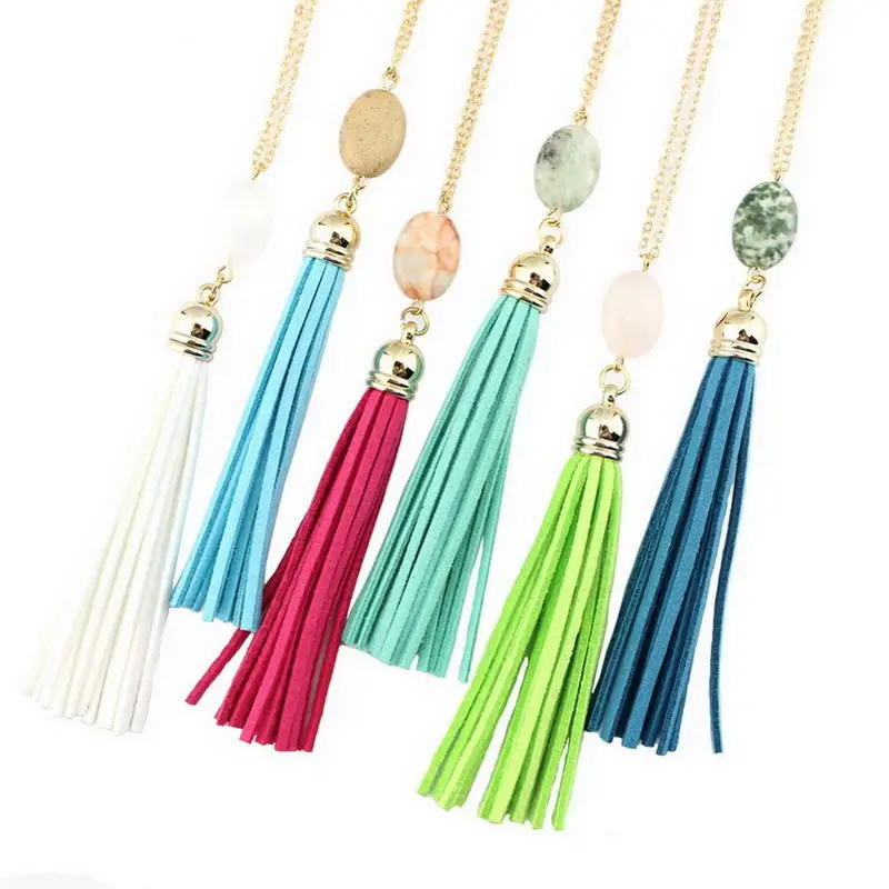 Натуральный камень с декором из кожаной бахромы кулон ожерелье Овальный